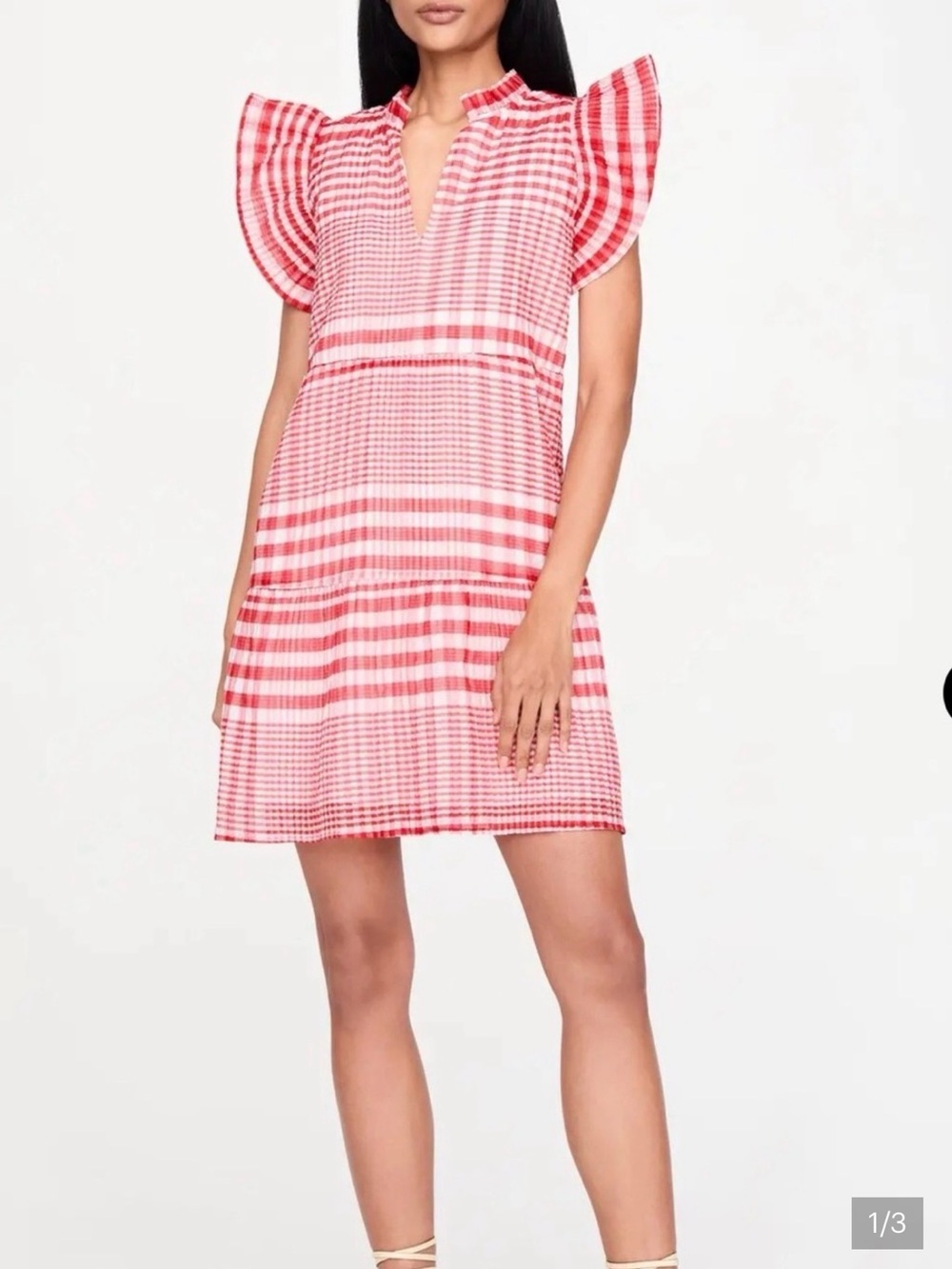 Marie Oliver Pink and White Gingham Flutter-Sleeve Mini Dress